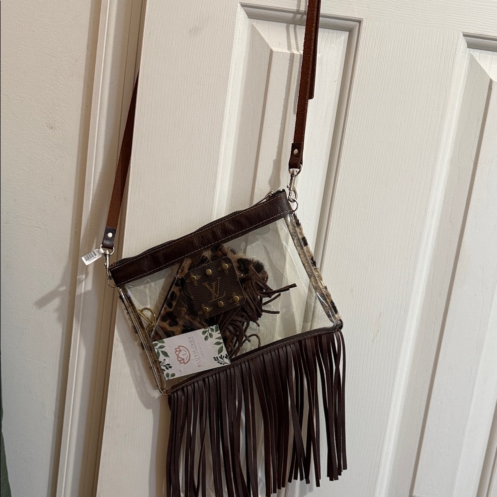 upcycled/recycled Brown Clear Fringe Crossbody Bag